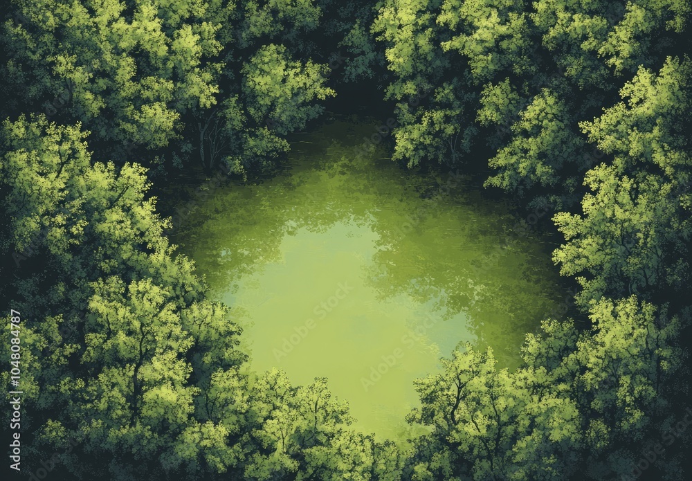 A serene pond surrounded by lush green foliage, depicting tranquility in nature. A serene pond surrounded by lush green foliage, depicting tranquility in nature.