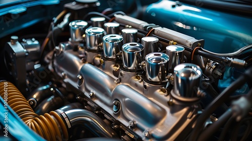 Close up of exhaust manifold in the engine bay photo