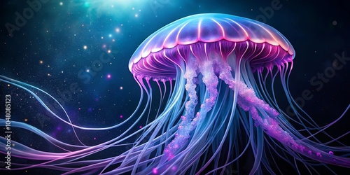 A luminous jellyfish with an iridescent glow, its tentacles stretching like ethereal ribbons in a cosmic sea of twinkling light.