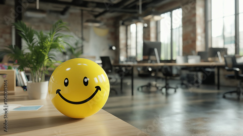 Positivity in the workplace demonstrated by a yellow smiling ball in the office interior, promoting a positive work environment and inspiring corporate culture. 