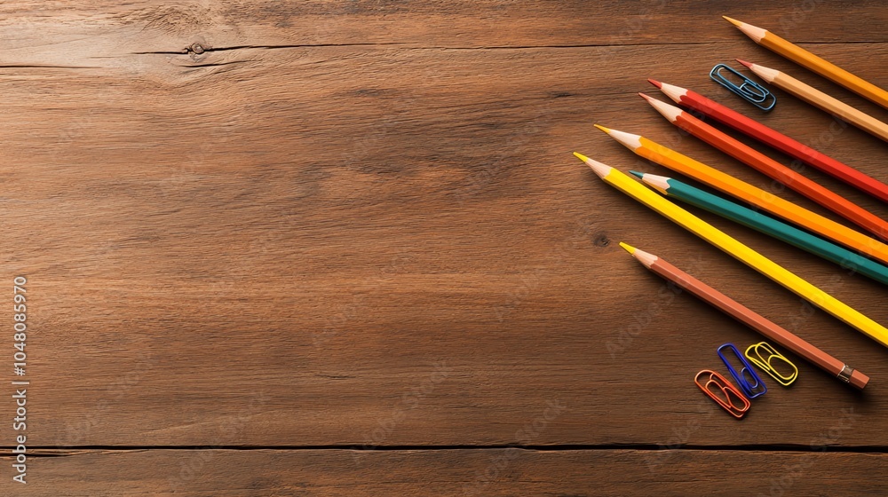 Obraz premium Colorful pencils and clips on a wooden table, creative workspace.