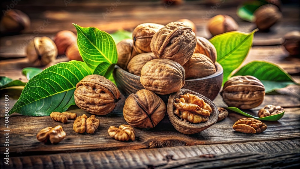 A Rustic Still Life Featuring Shelled and Unshelled Walnuts with Lush Green Foliage on a Weathered Wooden Surface