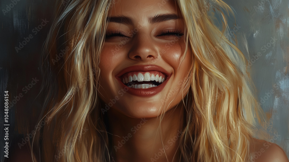 A beautiful blonde woman with long hair, smiling and showing her teeth A beautiful blonde woman with long hair, smiling and showing her teeth