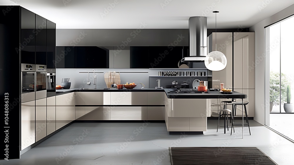 Fototapeta premium Interior of a modern kitchen with white and brown cabinets