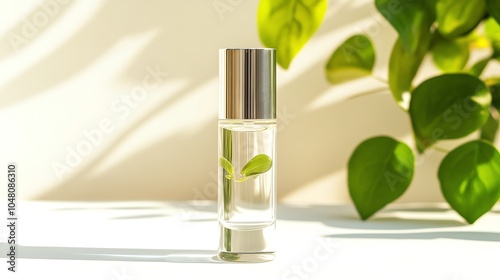 Wallpaper Mural Glass bottle of essential oil with green leaves. Torontodigital.ca