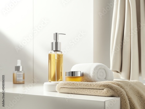 Minimalist beauty products on a clean bathroom countertop.