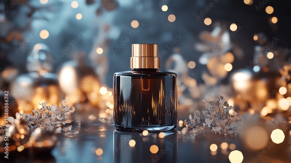 Perfume bottle with golden cap and bokeh lights. Perfume bottle with golden cap and bokeh lights.