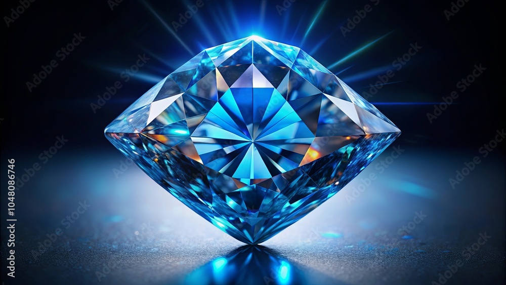 A single, large, brilliant blue gemstone with intricate facets reflecting light on a dark surface A single, large, brilliant blue gemstone with intricate facets reflecting light on a dark surface