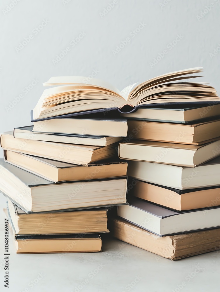 Stack of open and closed books on a light background Stack of open and closed books on a light background
