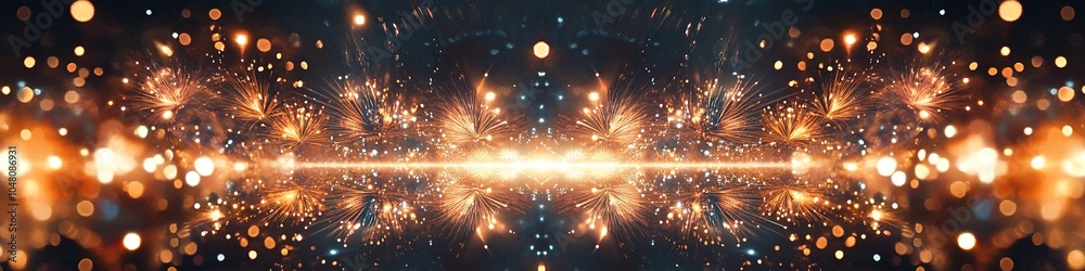Obraz premium Symmetrical golden sparks on dark background, festive feel