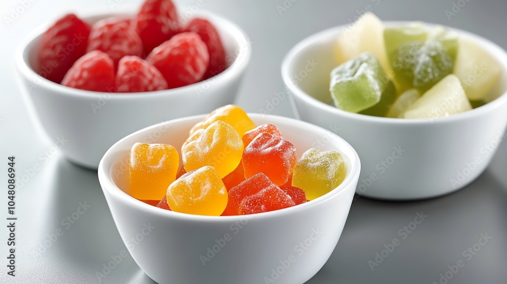 Three bowls of colorful gummy candies. Three bowls of colorful gummy candies.