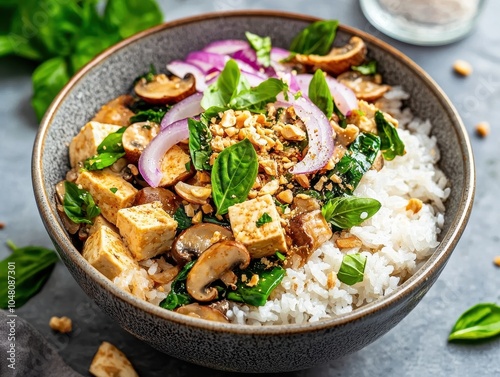 Delicious bowl of rice topped with tofu, vegetables, and herbs.