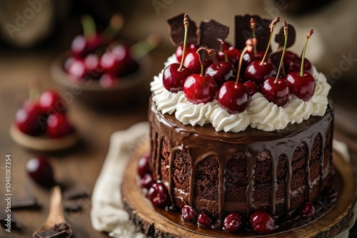 Delicious chocolate cake dripping with chocolate and topped with cherries