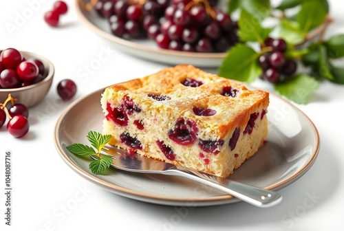 A plate of currant cake isolated on white background with a knif