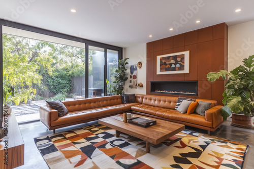 Modern living room with brown leather sofa and narural geometric rug