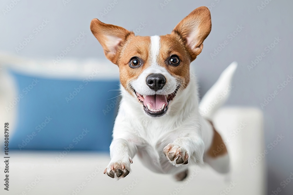 Happy jumping dog indoors with joyful expression Happy jumping dog indoors with joyful expression