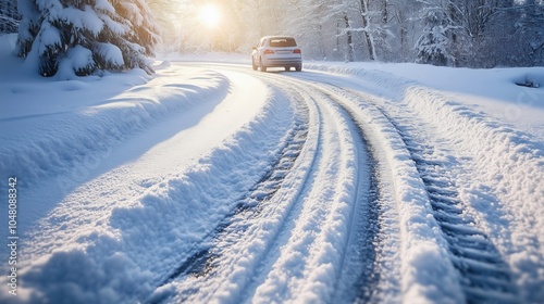 A car driving on a snow-covered road, surrounded by winter scenery and sunlight.