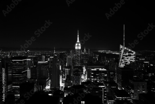 City at Night A black and white photograph of a cityscape at nig photo