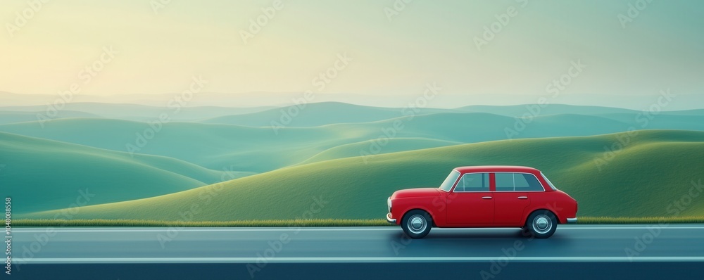 Naklejka premium A vibrant red car parked against a serene landscape of rolling green hills and a clear sky.