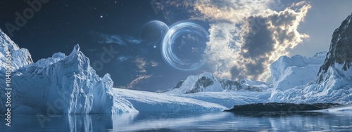 An extraordinary shot of a vast, remote glacier lake with fragmented ice floes and a rare, vivid planetary alignment creating a celestial ring in the sky photo