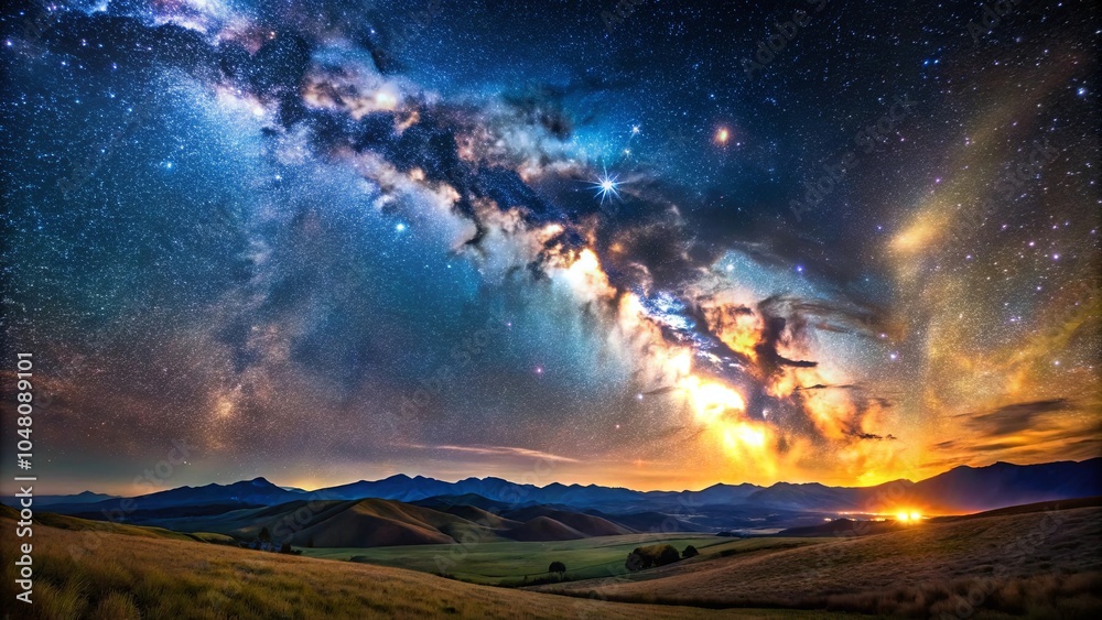 Celestial Tapestry Over Rolling Hills, Illuminating the Night with a Symphony of Stars