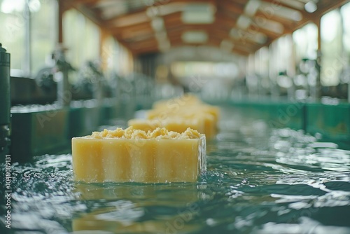 Close-up of a Single Bar of Soap Floating in a Water Bath photo