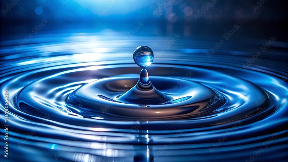 A single droplet of water creates concentric ripples on a calm blue surface, a study in the interplay of light and liquid A single droplet of water creates concentric ripples on a calm blue surface, a study in the interplay of light and liquid
