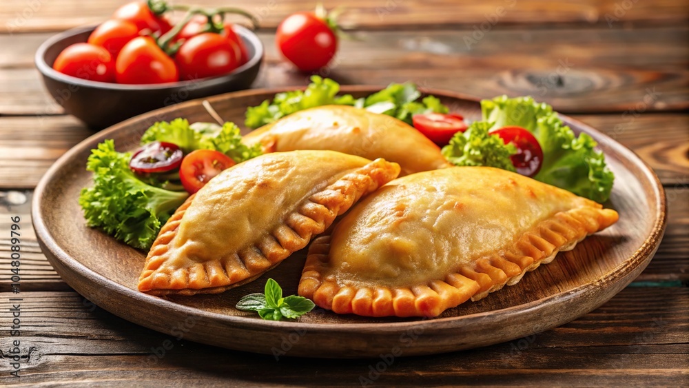 Three golden brown empanadas plated with a fresh salad Three golden brown empanadas plated with a fresh salad