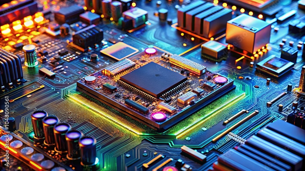 Obraz premium A vibrant circuit board with a central processing unit glowing with multicolored lights. The intricate pathways and components create a captivating display of modern technology.