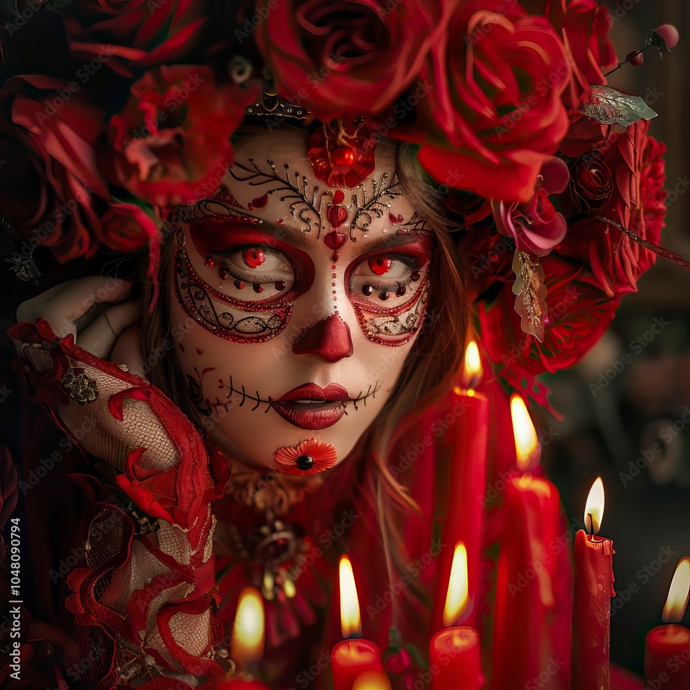 Catrina girl in red costume and candles, day of Dead