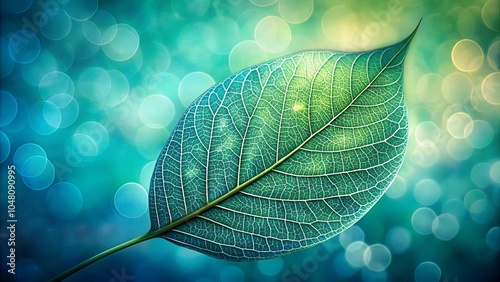 A Single Leaf's Delicate Network of Veins Shimmering with Light Against a Blue and Green Bokeh Background