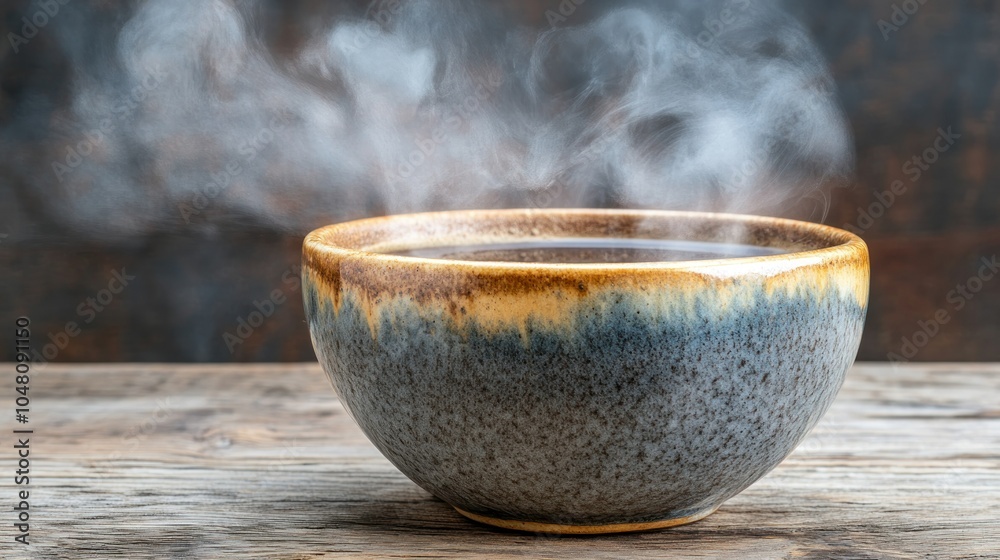 Steaming Hot Liquid in a Ceramic Bowl on Rustic Wooden Surface
