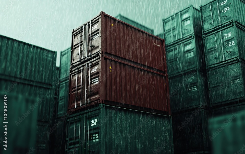 Fototapeta premium Colorful shipping containers stacked together in the rain, creating a vibrant, moody industrial scene.