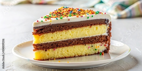 A slice of layered cake with chocolate and vanilla frosting, adorned with colorful sprinkles, sits on a white plate, a sweet and festive treat.