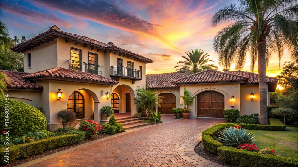 A Luxurious Residence Bathed in the Warm Glow of a Sunset, with a Brick Driveway Leading to a Grand Entrance, Surrounded by Lush Greenery and Palm Trees, Creating a Sense of Tranquility and Elegance A Luxurious Residence Bathed in the Warm Glow of a Sunset, with a Brick Driveway Leading to a Grand Entrance, Surrounded by Lush Greenery and Palm Trees, Creating a Sense of Tranquility and Elegance