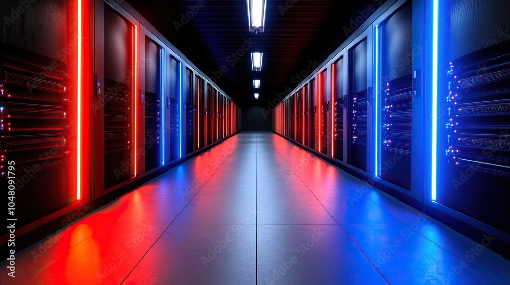 Futuristic data center corridor with glowing lights, showcasing modern server racks and a high-tech environment. Futuristic data center corridor with glowing lights, showcasing modern server racks and a high-tech environment.