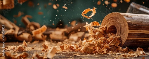 Wood shavings fly as a piece of wood is cut by a planer, close up.