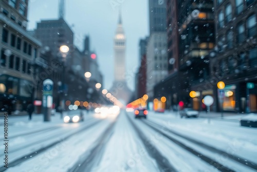 Snowy cityscape intentional camera movement blurred snowflakes c