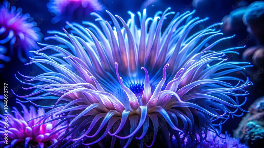 A vibrant sea anemone in blue and purple hues, its delicate tentacles reaching outward in a mesmerizing display of underwater beauty. A vibrant sea anemone in blue and purple hues, its delicate tentacles reaching outward in a mesmerizing display of underwater beauty.