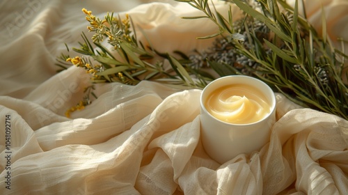 A cup of smooth olive butter sits amidst a gentle fabric and herbs, creating an aura of creamy delight and inducing a sense of comfort and luxury. photo