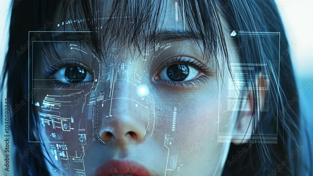 A close-up shot of a woman's face with a digital overlay A close-up shot of a woman's face with a digital overlay