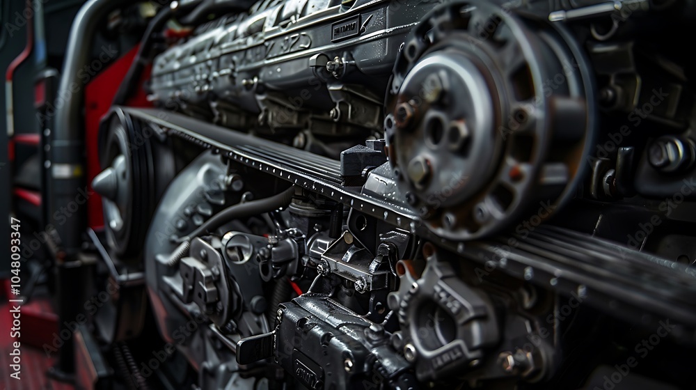 Detailed close up of a bus engine compartment with belt Detailed close up of a bus engine compartment with belt