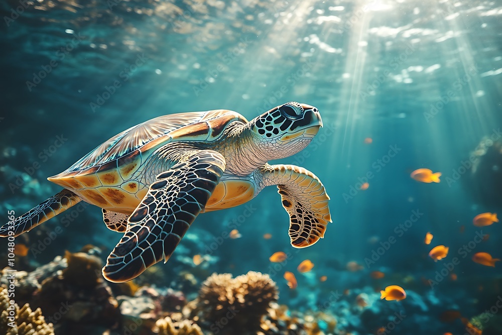 Obraz premium A sea turtle swims gracefully through a vibrant coral reef, sunlight streaming down from above.