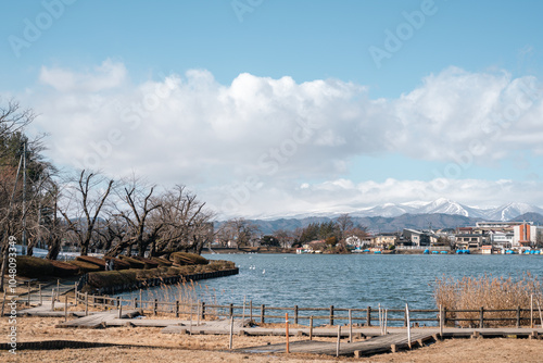 Obraz na płótnie Takamatsu Pond and snowy mountain in Morioka, Iwate, Japan w salonie