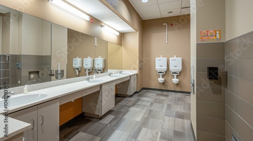 Modern Public Bathroom with Double Sinks and Hand Dryers photo