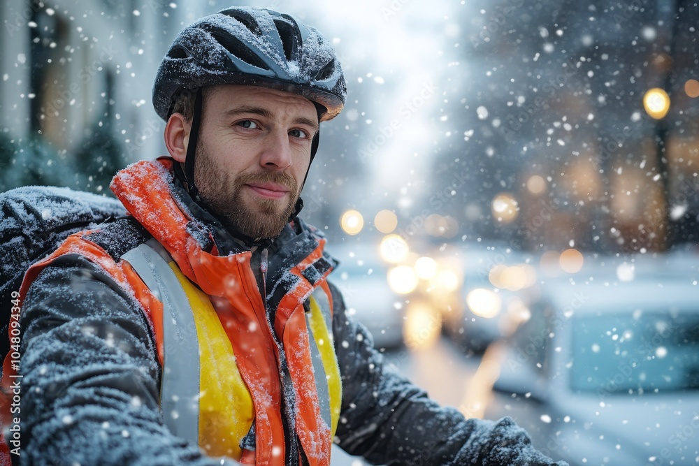 Man Cyclist in safety vest riding through snow Man Cyclist in safety vest riding through snow
