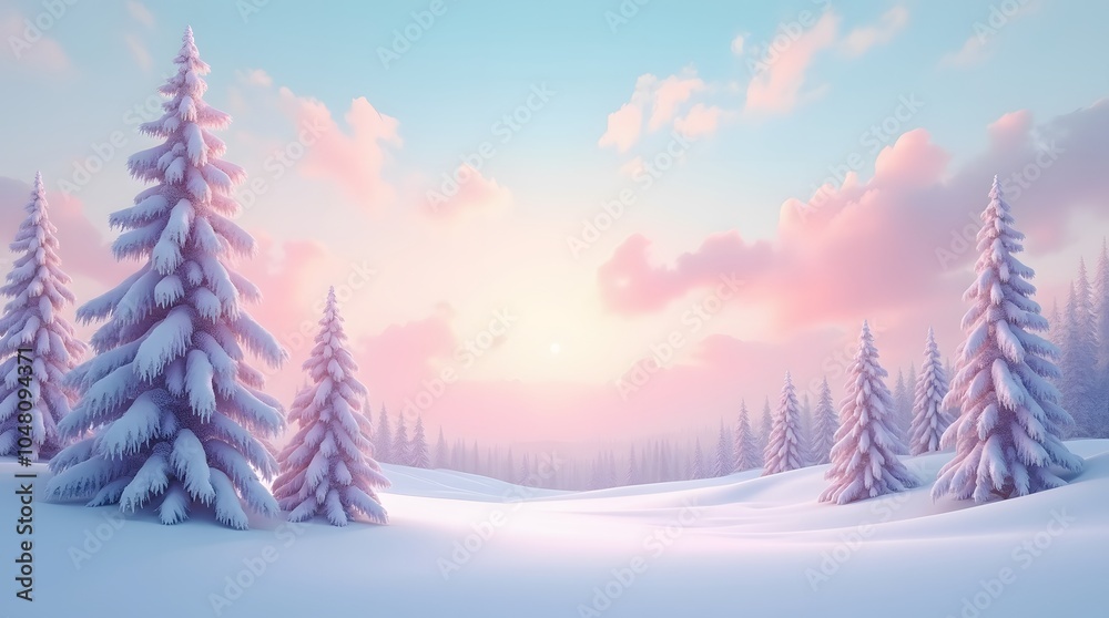 Naklejka premium Serene Winter Sunrise: Snow-covered pines bathe in soft, pink light.
