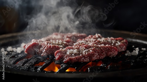 Grilled steak sizzling, dark background
