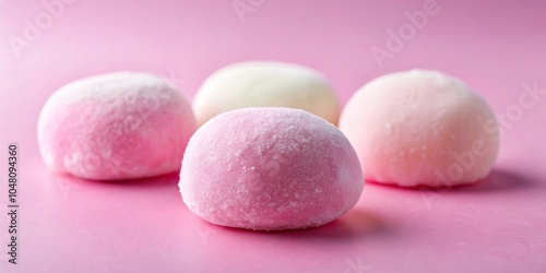 Three pink and white mochi halves on pink background