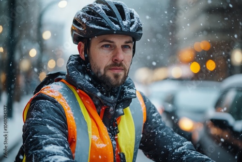 Man Cyclist in safety vest riding through snow photo